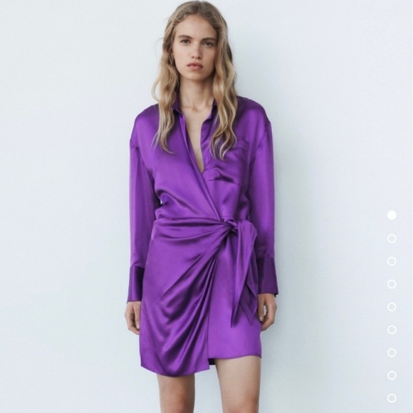 NWT Zara Vibrant Purple Satin Wrap Dress size Large - Picture 2 of 8